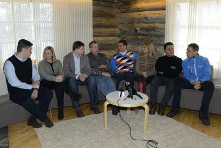 From left to right- Prime Minister of Croatia Zoran Milanovic, Irish Minister of European Affairs Lucinda Creighton, Prime Minister of Latvia Valdis Dombrovskis, President of Estonia Toomas Hendrik Ilves, Finnish Prime Minister Jyrki Katainen, Prime Minister of Denmark Helle Thorning-Schmidt, Prime Minister of Turkey Ali Babacan and Finnish Minister for European Affairs and Foreign Trade Alexander Stubb during the press conference after the informal Lapland meeting in Saariselka, Ivalo Finland on Sunday 24th March, 2013. During the Lapland retreat meeting guests discussed informally the situation in Europe. Photo Lehtikuva