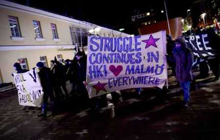 A number of feminist, Anti-Racism and Anti-Fascist activists stage demonstration in Helsinki on Saturday. Photo Lehtikuva