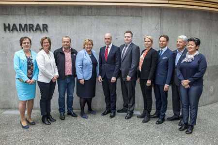 Norway's prime minister Erna Solberg (4thL), Sweden's prime minister Fredrik Reinfeldt (5thL), Denmark's prime minister Helle Thorning-Schmidt (4thR), Finland's prime minister Jyrki Katainen (3rdR) and Icelnad's prime minister Sigmundur David Gunnlaugsson (5thR) pose with Camilla Gunell, Aland Prime Minister (2ndL), Aleqa Hammond, Prime minister of Greenland (1stR), Kaj Leo Johannesen, Prime minister of Faroe Islands (3rd L), Head of Home Rule Government, Karin Astroom, President of Nordic Council (1stL), Dagfinn Hoybraten, General Secretary of Nordic Council of Ministers (2ndL) at Hof Center on May 27, 2014 as part of the Nordic Prime Ministers Meeting in Akureyri. Photo – AFP / Lehtikuva.