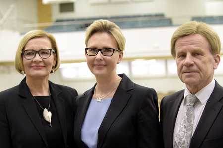 True Finns lawmaker Maria Lohela (center) was elected The Speaker of parliament on Friday. Mauri Pekkarinen and Paula Risikko were elected the First Deputy Speaker and Deputy Speaker respectively. Photo – Lehtikuva.
