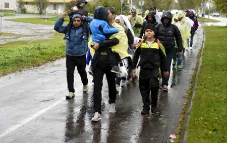 Refugees walked in heavy rain from public transport centre to Lappia-building refugee reception centre in Tornio, north-western Finland on Friday. Photo Lehtikuva.