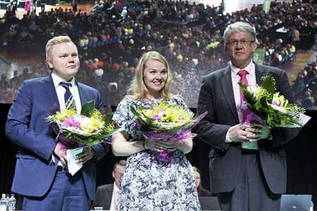 Newly elected Vice-Presidents Antti Kurvinen, Katri Kulmuni and Juha Rehula at the Keskusta party congress in Seinäjoki on Saturday. Photo – Lehtikuva.